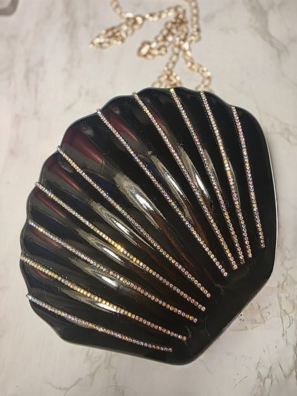 Black Shell Shaped Crossbody with Rhinestone Stripes